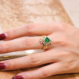 Emerald Square Cut 18K Ring, 18K Yellow Gold Emerald Ring, Ballerina Stackable Ring, Wedding Ring