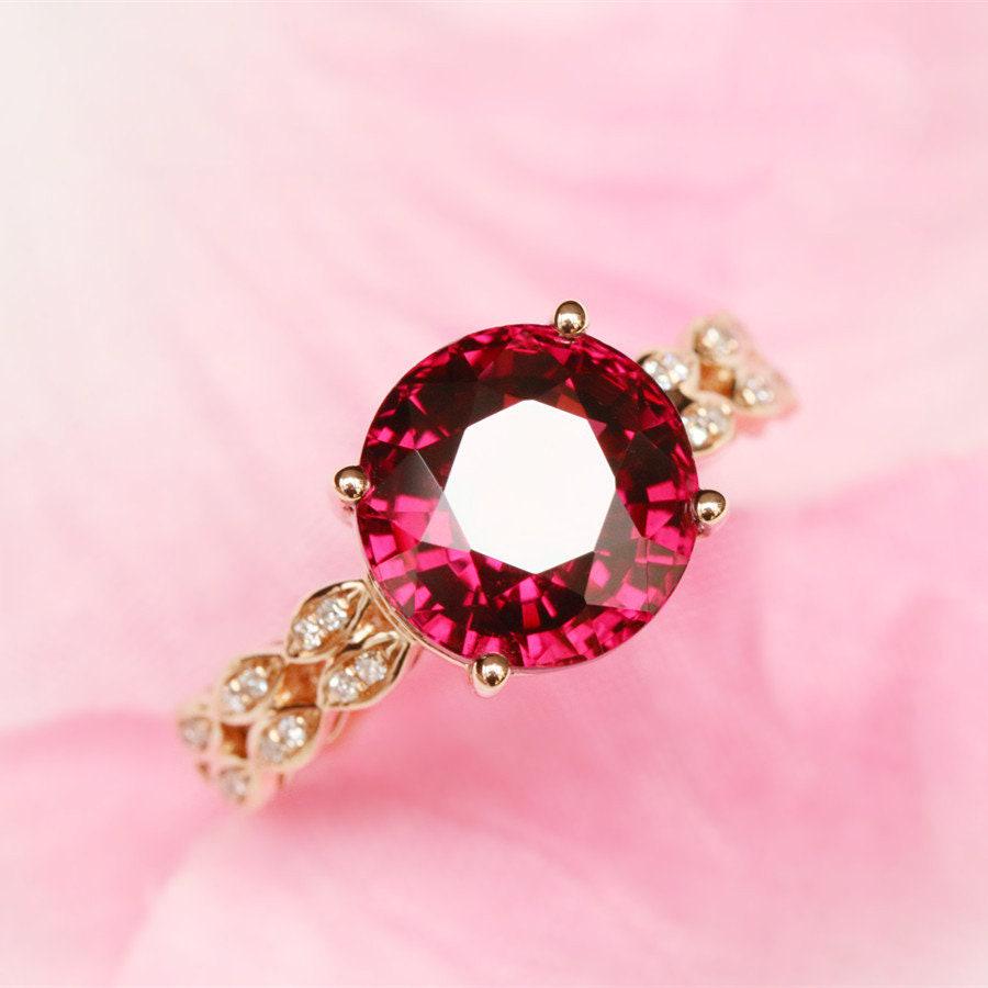 7mm Peach Red Garnet Round & Diamond Ring - 18K  Yellow Gold