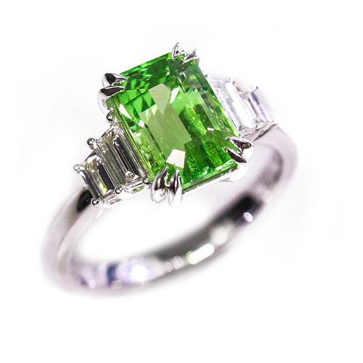 2.92ct Tsavorite Radiant Cut Ring with Diamond in 18K White Gold