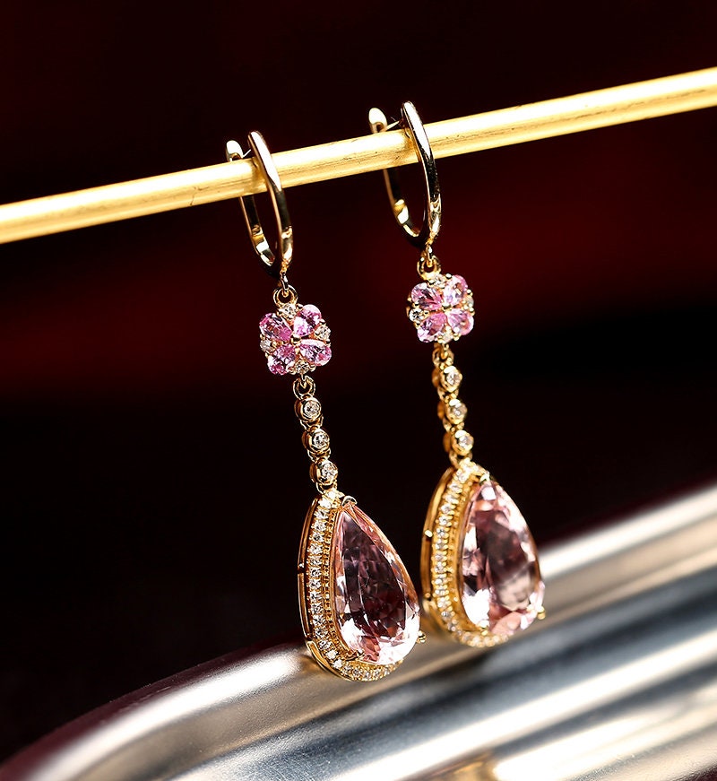 Pink Morganite Teardrop Hoop Earrings in 18K Yellow Gold