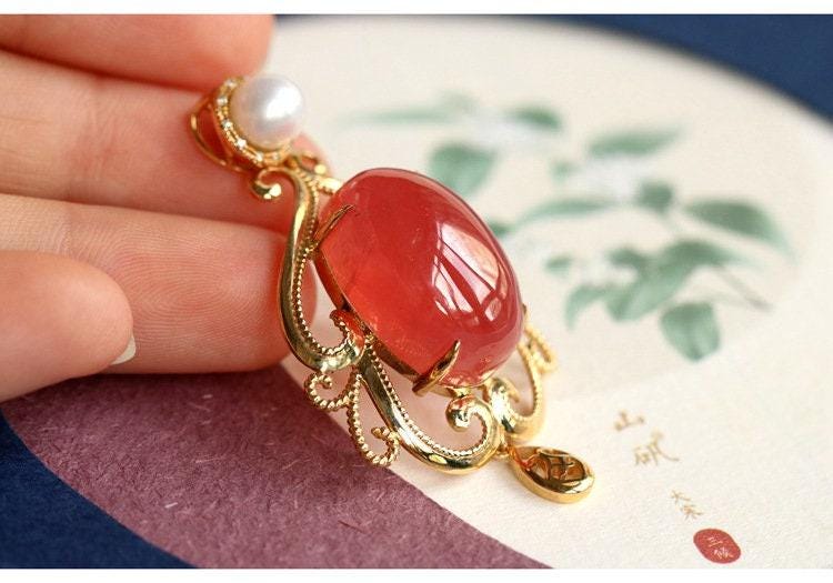 Rhodochrosite & Pearl Necklace in 18K Yellow Gold