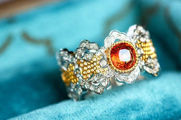 Italian Crafted 18K Two Tone Gold Ring - Sapphire Garnet Diamond