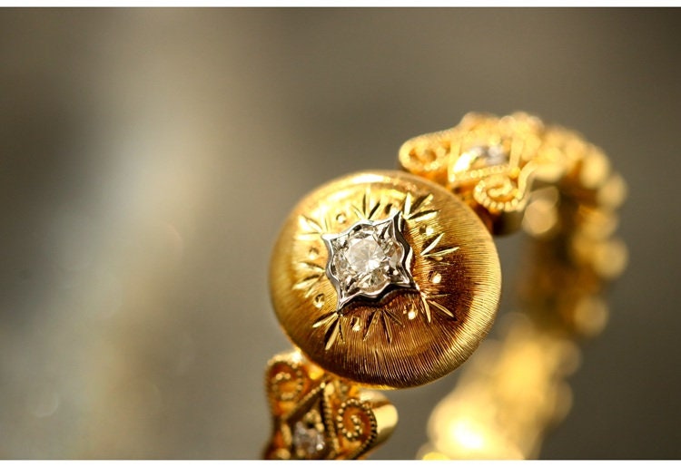 Italian Crafted Egyptian Ring with White Diamonds in 18K Yellow Gold
