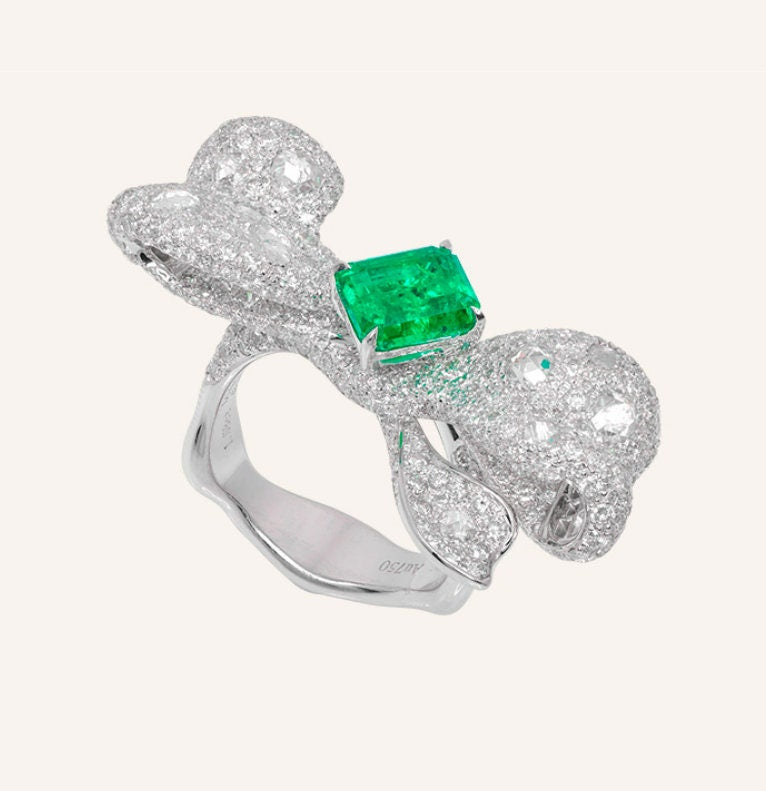 Superior Emerald Full Diamond Pave Platinum 950 Ring