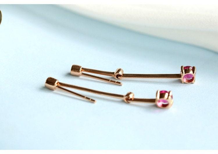 Red Tourmaline Diamond Earrings - 18K Yellow Gold Drop Earrings