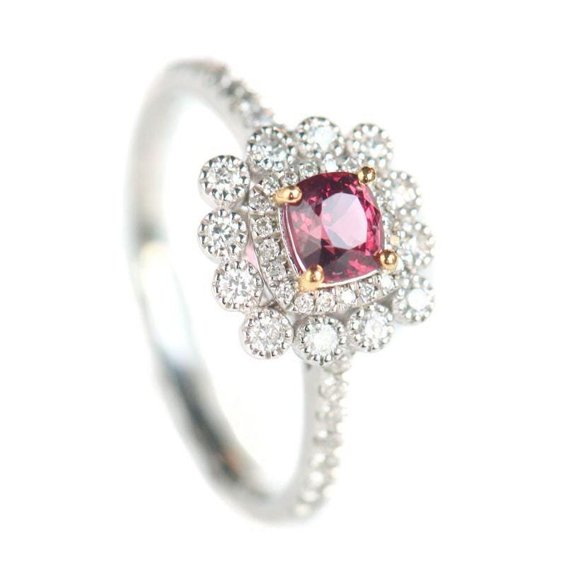 Double Halo Pinkish Spinel 18K Wedding Ring with Diamond