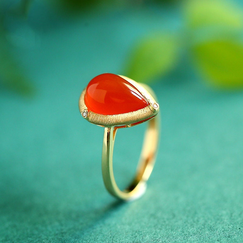 Southern Red Agate Maitreya Ring in 18K Yellow Gold