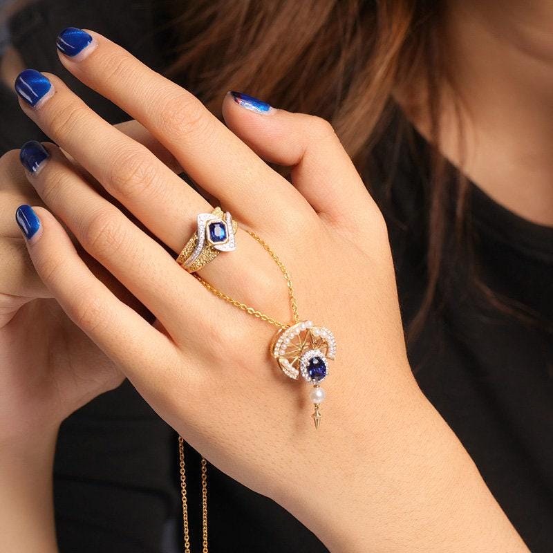 1.62ct Blue Sapphire Diamond Necklace in 18K Yellow Gold