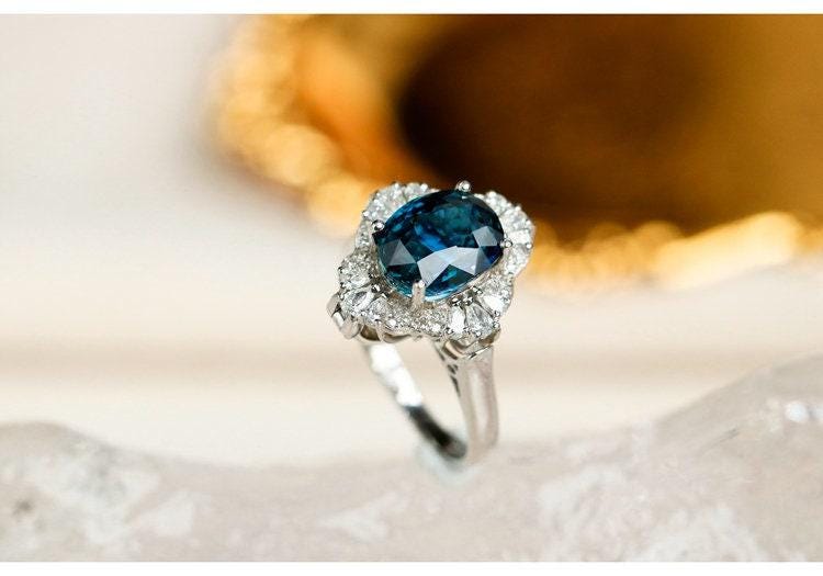 2ct Sapphire Halo Diamond 18K White Gold Ring - Two in One Jewelry