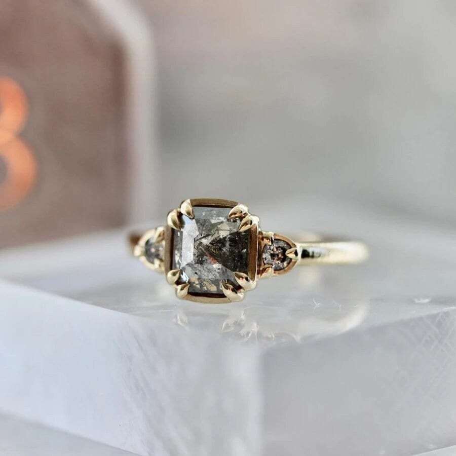 1.3ct Emerald Cut Salt and Pepper Diamond 18K Gold Engagement Ring