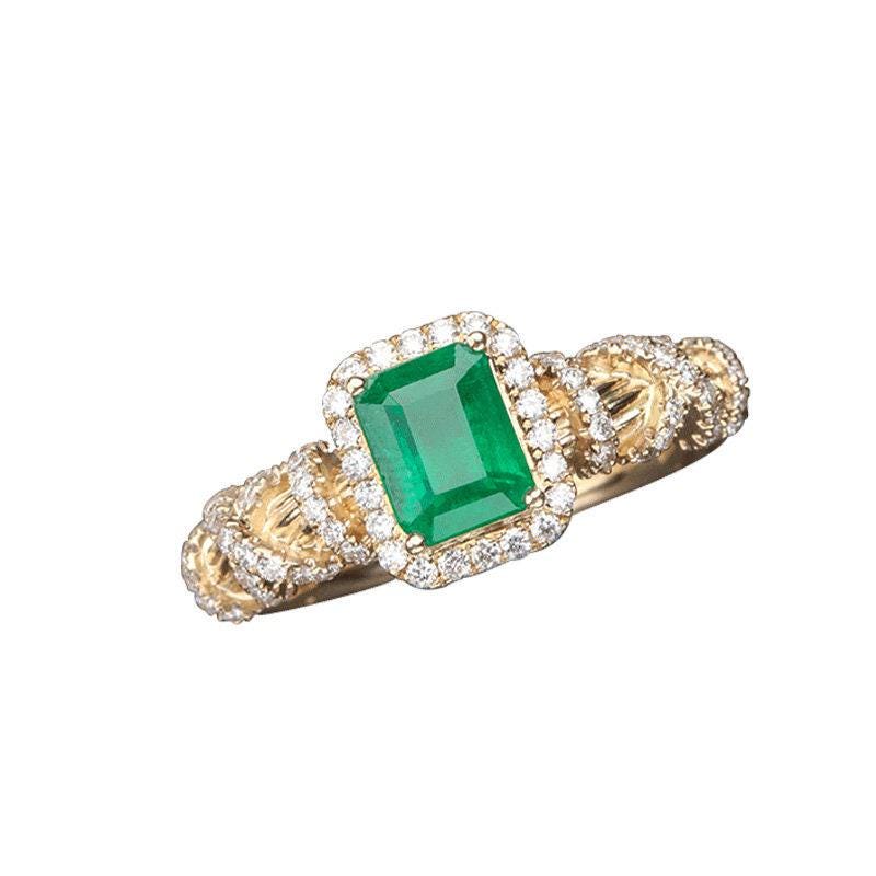 18K Twisted Dual Gold Crafted Emerald Diamonds Ring