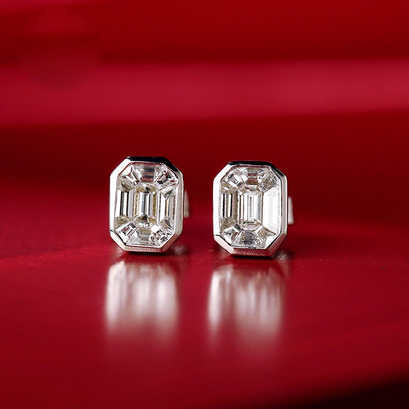 Rectangle White Sapphire Emerald Cut Studs - 18K White Gold