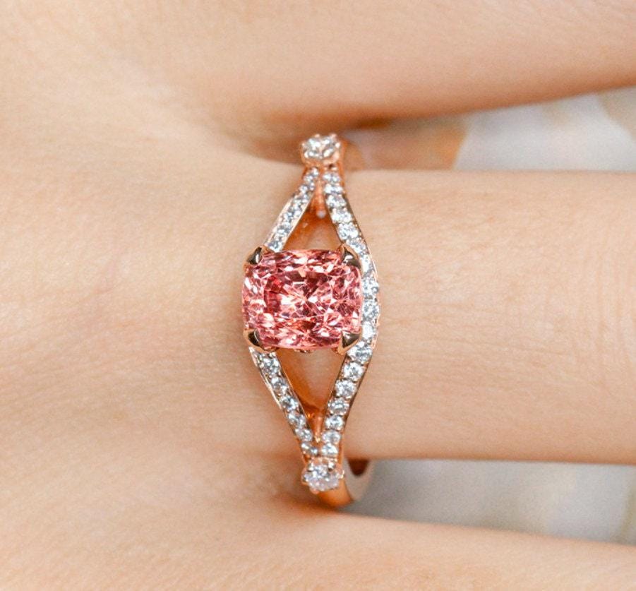 Padparadscha Color Spinel Diamonds Ring in 18K Rose Gold
