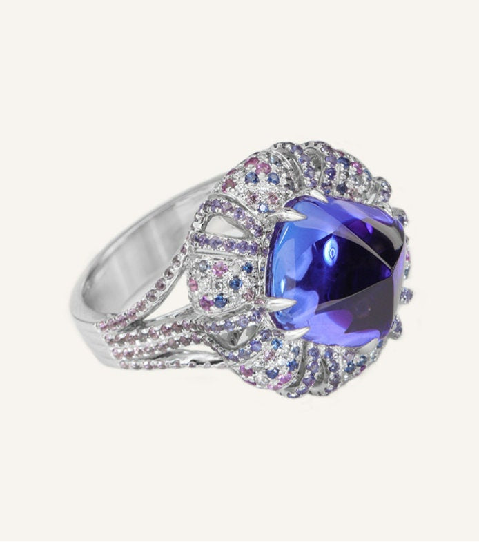 Tanzanite Sapphire Art Deco Ring - PT950 Cluster Diamond