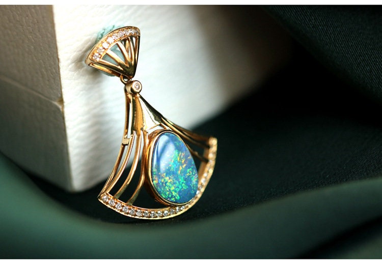 Blue Opal Diamond Fan Shape Pendant - 18K Yellow Gold