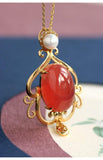Rhodochrosite & Pearl Necklace in 18K Yellow Gold