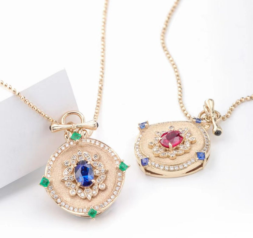 Pigeon Blood Ruby 18K Gold Coin Necklace with Greek Style