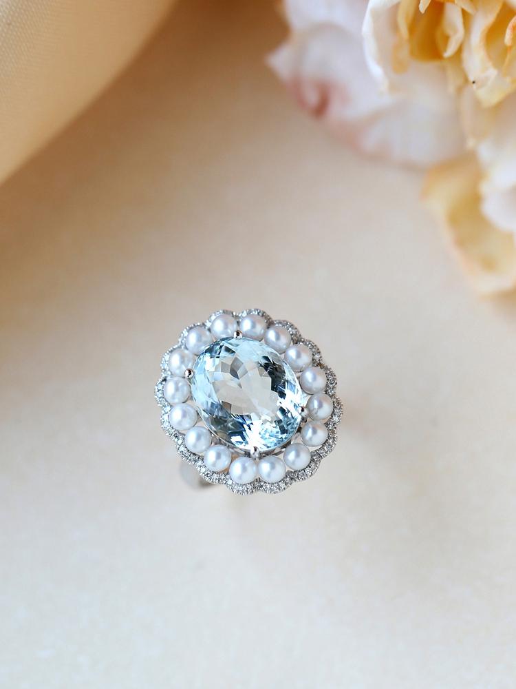 5.7ct Santa Maria Aquamarine & Akoya Pearl Halo Ring in 18K Gold