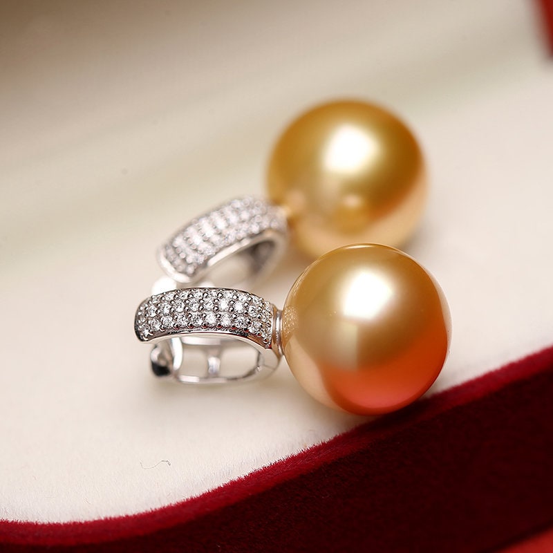 12mm Golden South Sea Pearl & Diamond Earrings - 18K Yellow Gold
