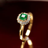 Vintage-Inspired Emerald & Diamond Halo Ring in 18K Yellow Gold