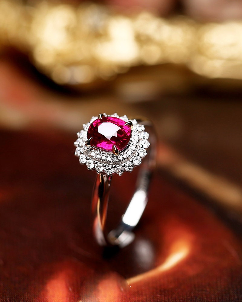 1.5ct Pigeon Blood Ruby Ring with Diamonds in 18K White Gold