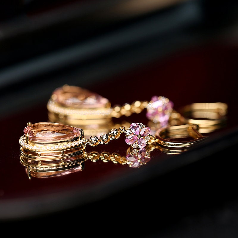 Pink Morganite Teardrop Hoop Earrings in 18K Yellow Gold