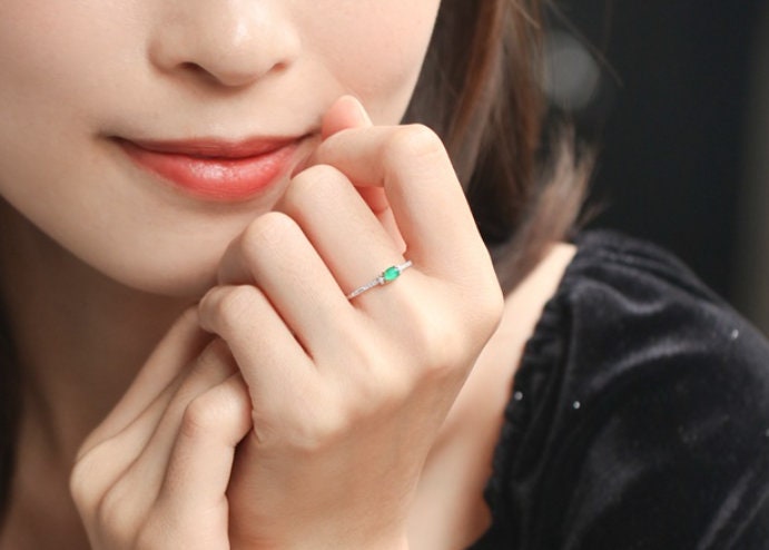 Emerald Oval Cabochon & Diamond Ring in 18K White Gold