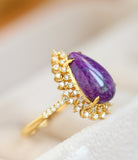 AAA+ Purple Sugilite Pear-Shape & Halo Diamond Ring in 18K Yellow Gold