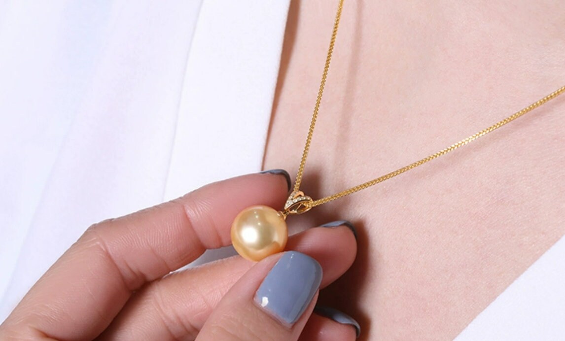 14mm South Sea Golden Pearl & Diamond Necklace in 18K Gold