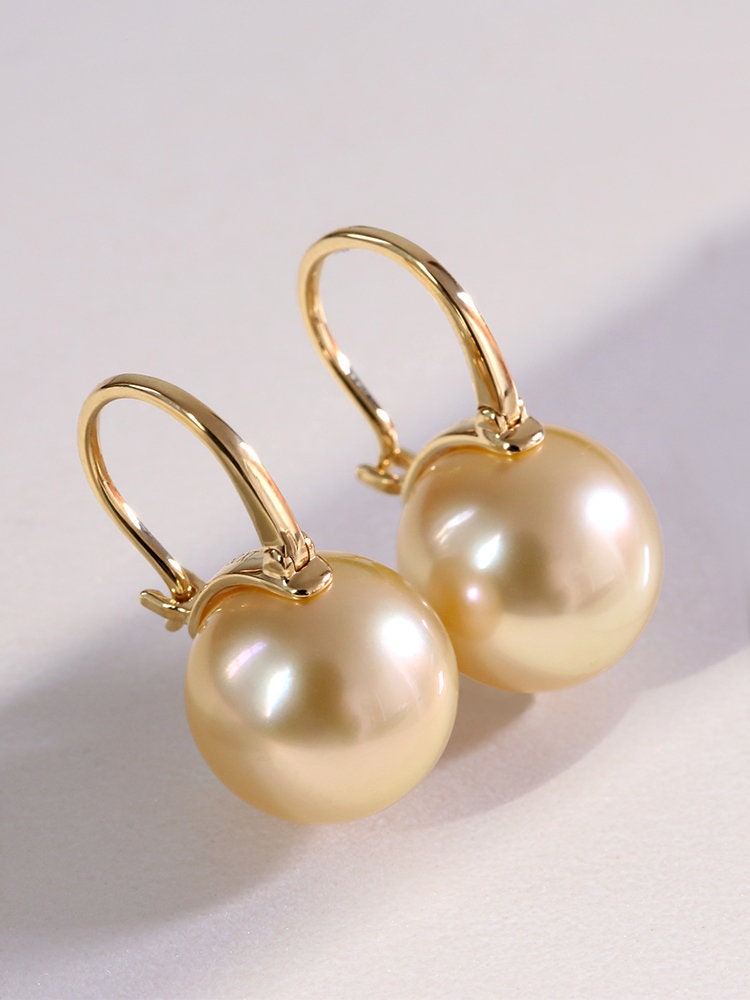 Exquisite 14mm Golden Pearl Hoop Earrings in 18K Yellow Gold