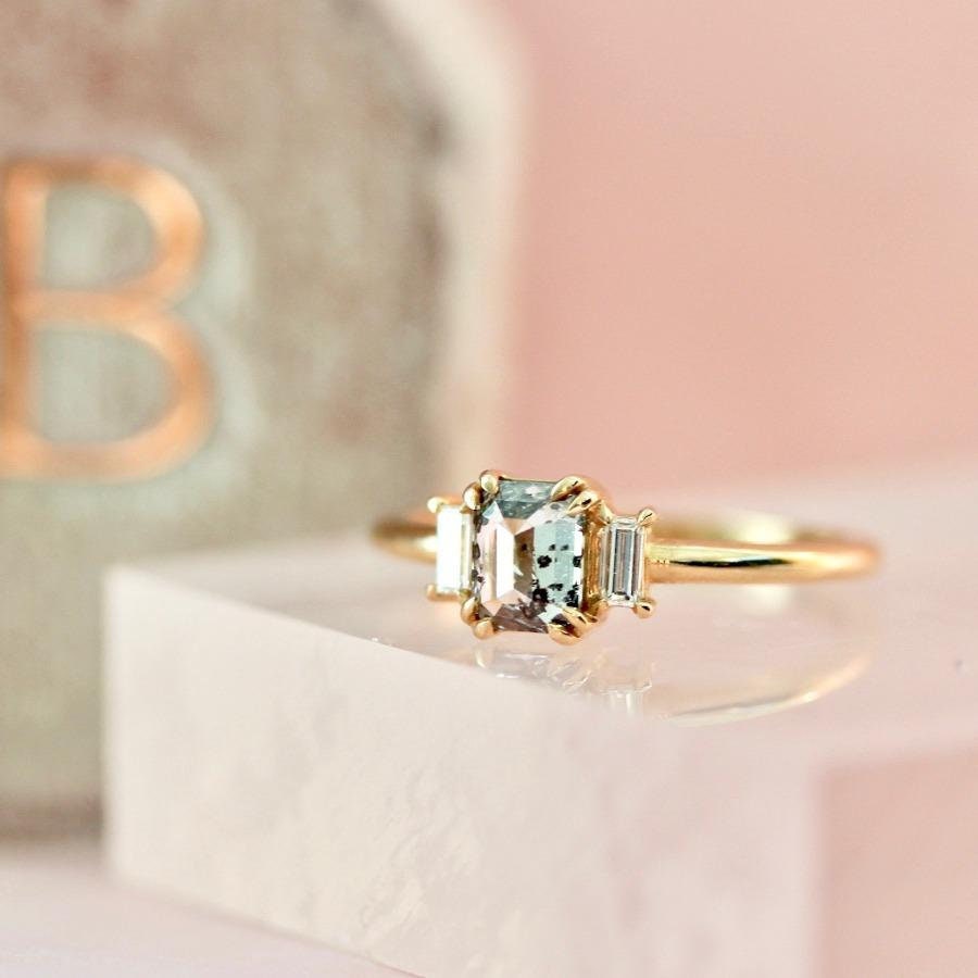 Emerald Cut Salt and Pepper Diamond 18K Gold Engagement Ring