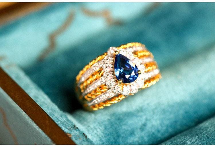 Blue Sapphire Diamond Ring - 18K Two Tone Gold
