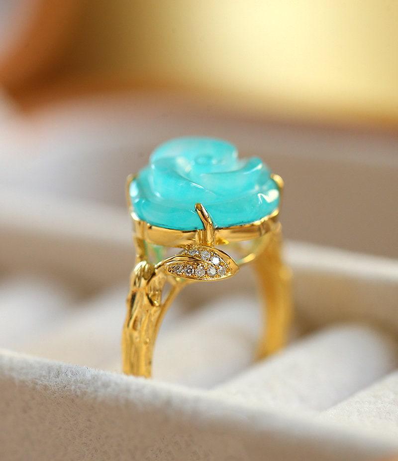 5A Amazonyte Rose Shape & Diamond 18K Yellow Gold Ring