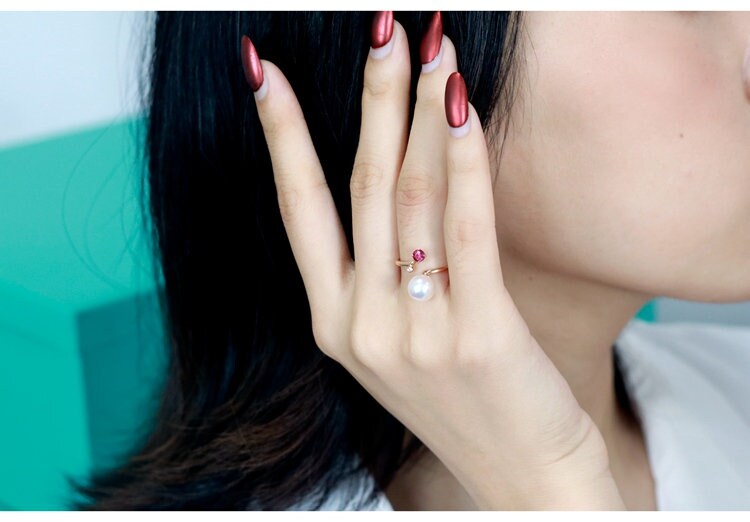 Akoya Pearl & Red Tourmaline Open Ring - 18K Yellow Gold