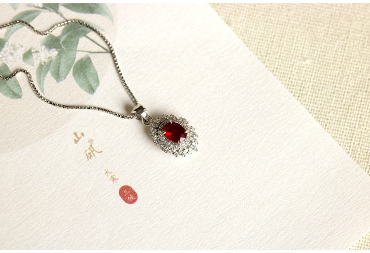 Vivid Red Ruby Oval & Diamonds Necklace in 18K White Gold