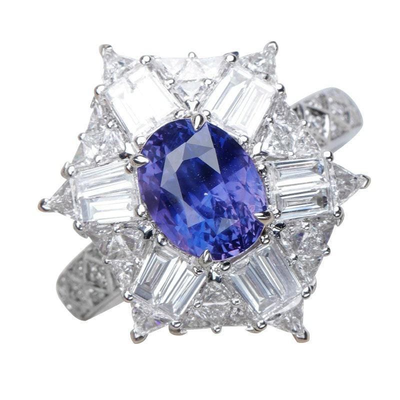 2.3ct Cornflower Blue Sapphire Platinum 950 Art Deco Ring with Trilliant Diamonds