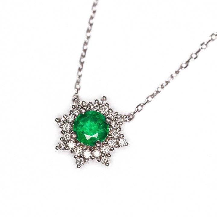 Emerald with White Diamond Necklace in 18K White Gold