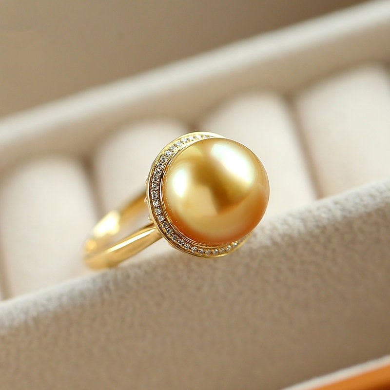 11mm Golden South Sea Pearl & Diamond Halo Ring in 18K Yellow Gold