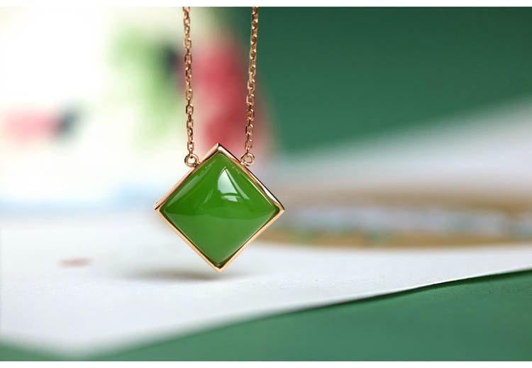 5A+ Jade Square Shape Cabochon Necklace in 18K Yellow Gold