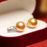 12mm Golden South Sea Pearl & Diamond Earrings - 18K Yellow Gold