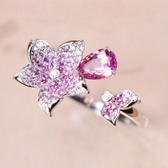 Pink Sapphire & Diamonds Flower Ring in 18K White Gold