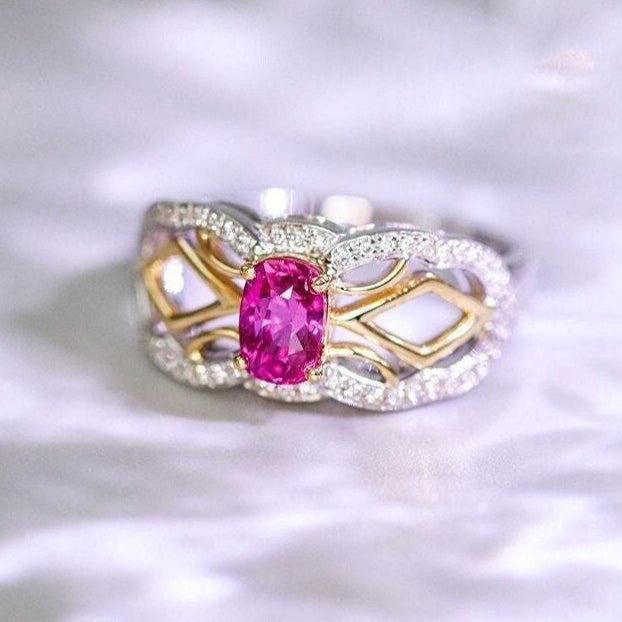 Purple Pink Peach Spinel Cushion & Diamond Ring in 18K Gold Ring