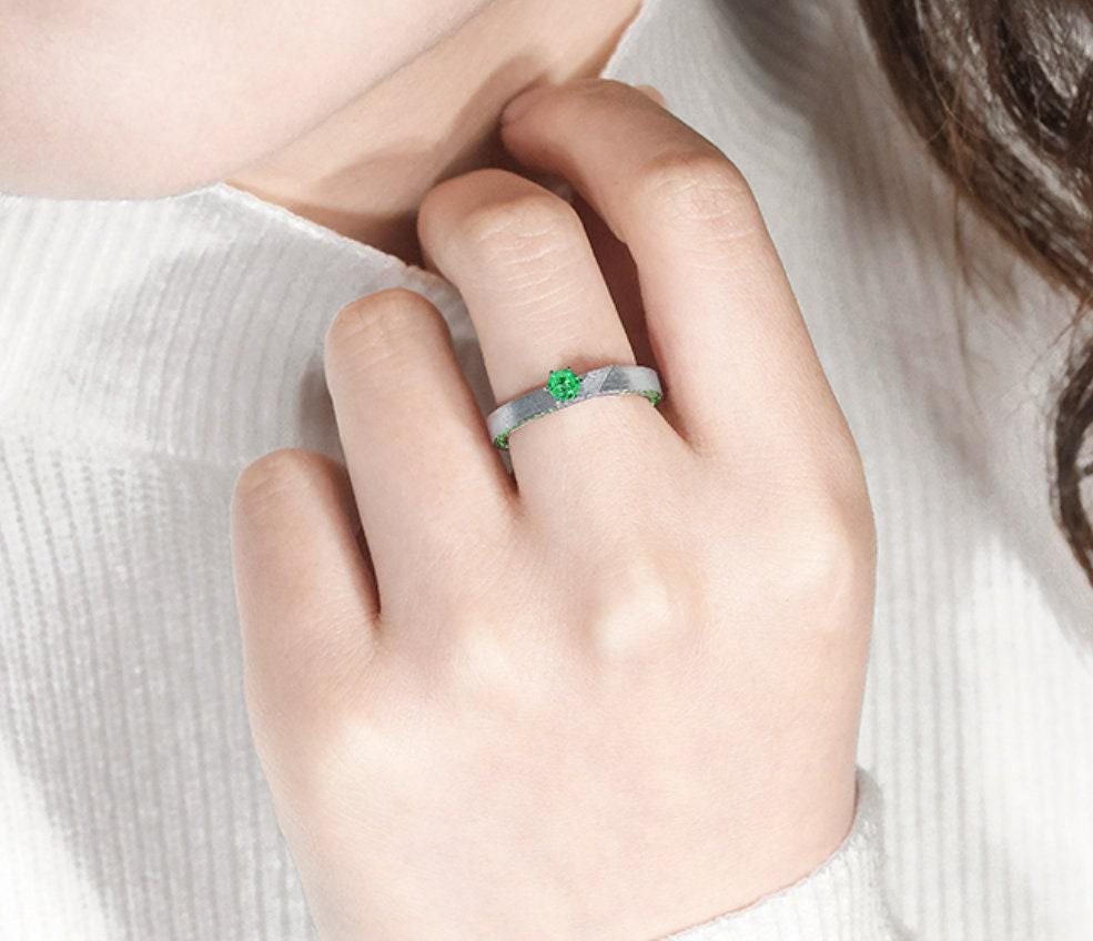 Hexagon Cut Emerald & Tsavorite Ring in Matte Finish Platinum 950