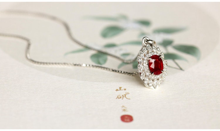Vivid Red Ruby Oval & Diamonds Necklace in 18K White Gold
