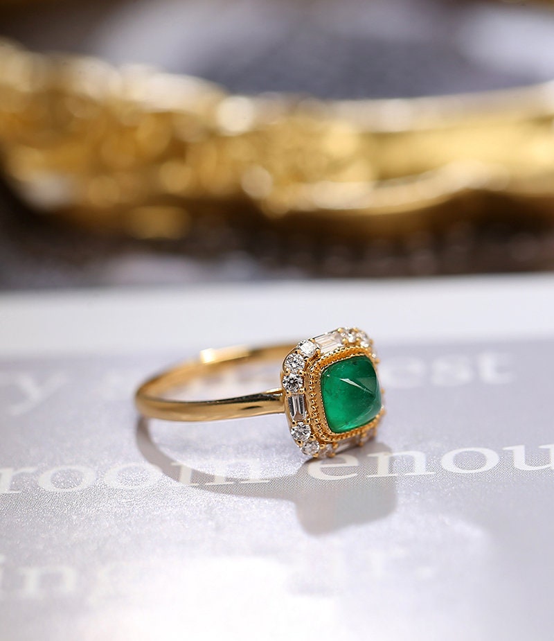 Sugarloaf Emerald Halo Diamond 18K Yellow Gold Ring