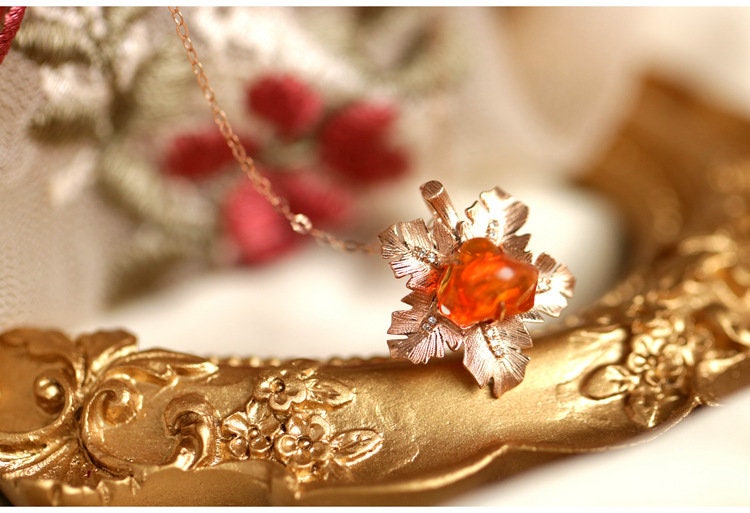 Leaf Design 1.98ct Fire Opal Diamond 18K Rose Gold Necklace