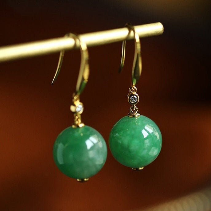 5A+ Jade Sphere Cut & Diamond Franch Wire Earrings in 18K Yellow Gold