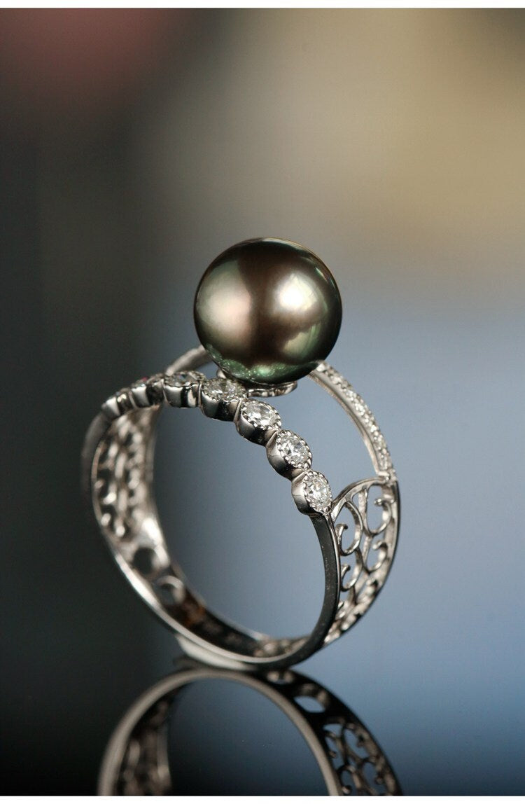 Tahitian Pearl 9mm & Diamond Ring in 18K White Gold