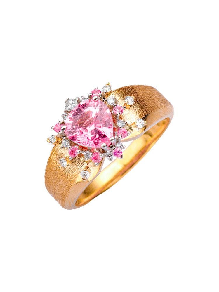 Trilliant Padparadscha Sapphire 18K Brusheded Ring with Diamonds