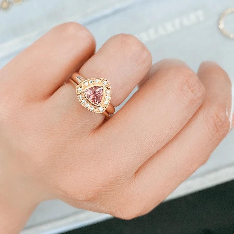 Trillion Cut Peach Sapphire Diamonds 14K Rose Gold Ring